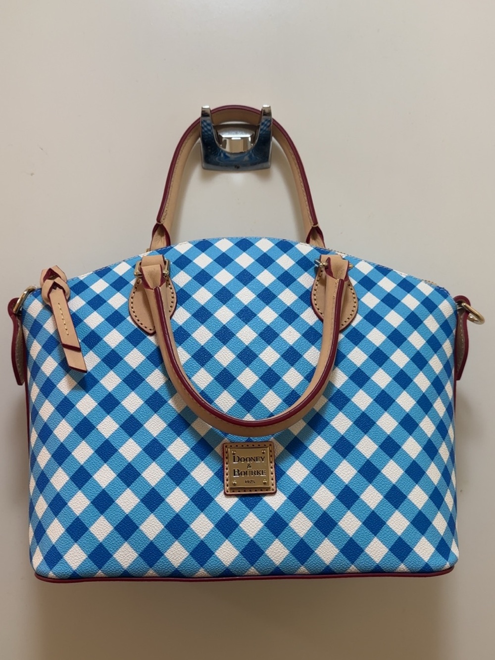 NWT Dooney & Bourke Blue Gingham Satchel with Tan Trim and Red-Edged Strap - Picture 3 of 10